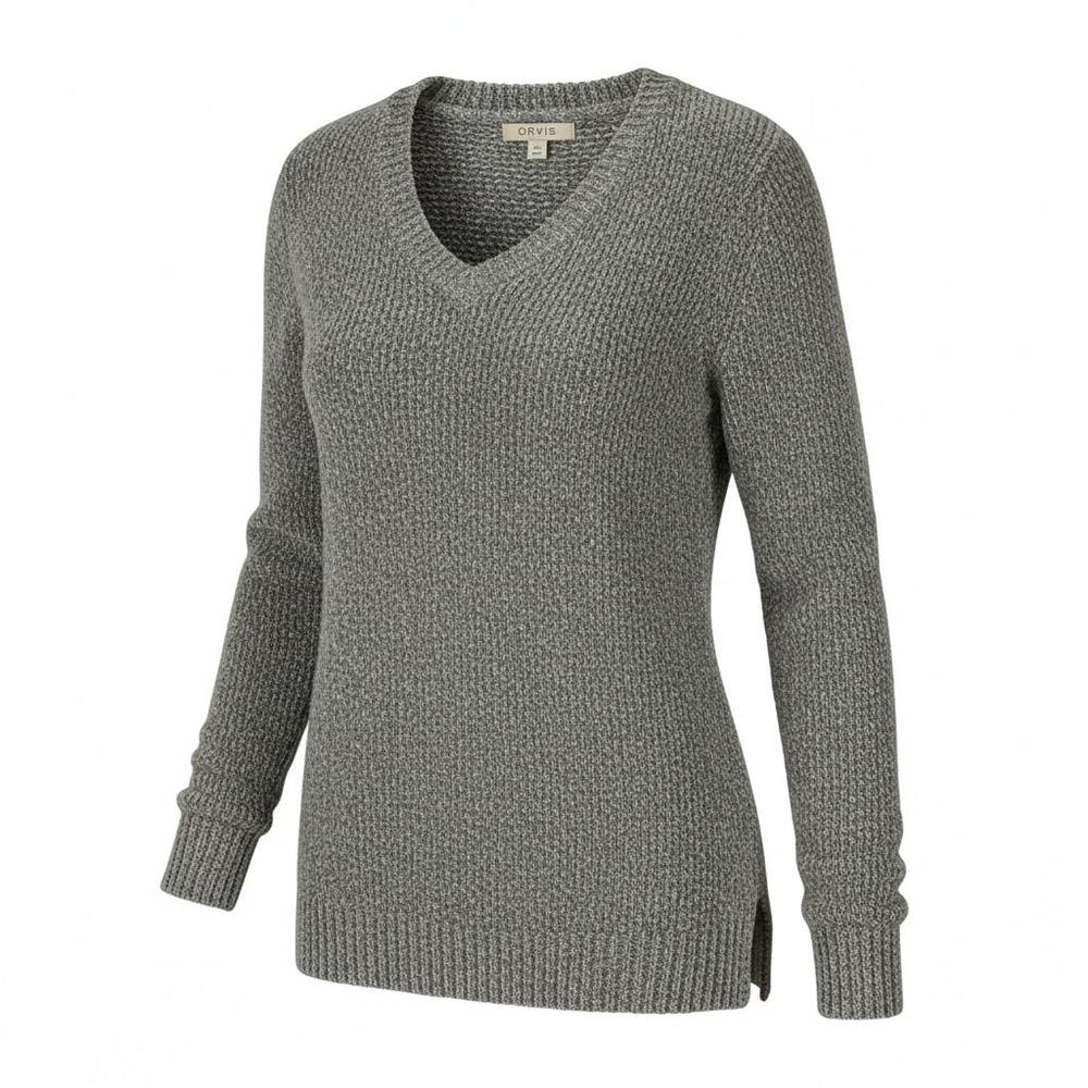 Orvis Sweater Womens Large Gray V Neck Chunky Knit Long Sleeve Pullover
